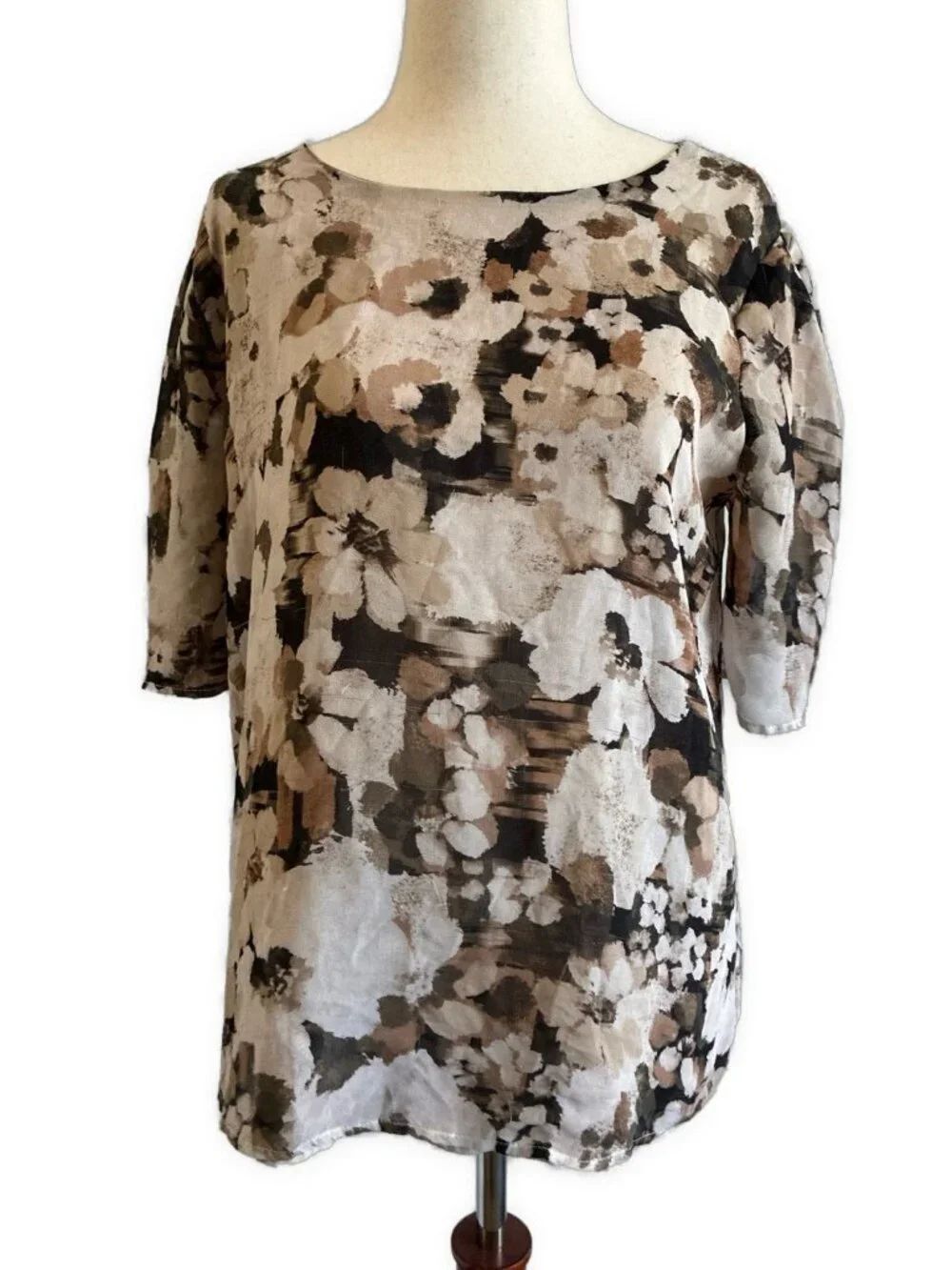 Calvin Klein Beige Taupe brown Floral Short Sleeve Blouse Top Medium